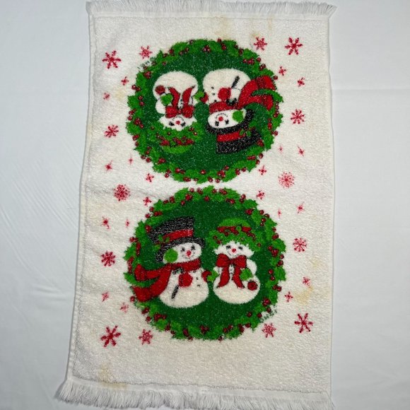 Snowman Christmas Hand Towel Wreath Snowflakes Holiday‎ Towel STAINED - Picture 1 of 9